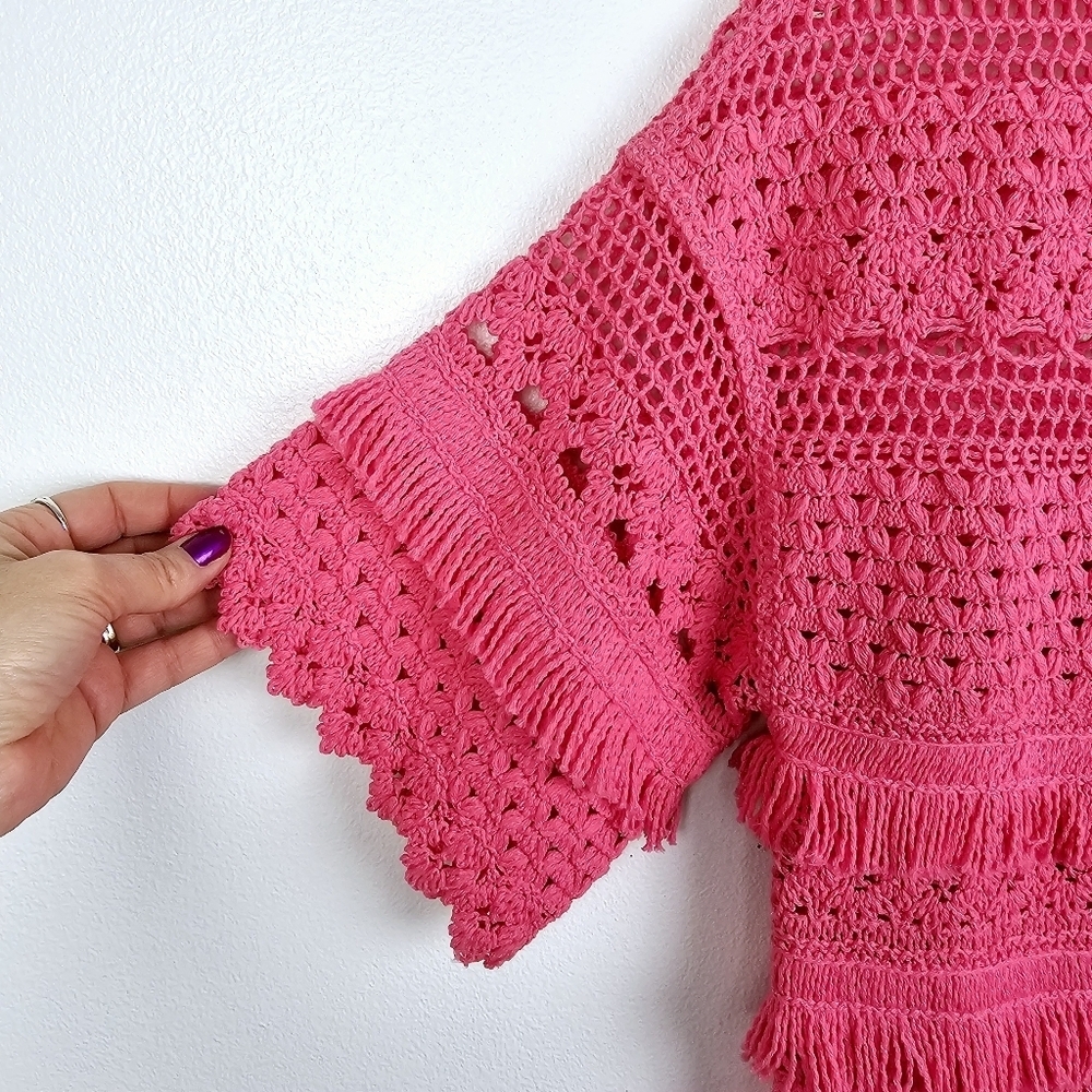 Maje Rosy Pink Crochet Fringe Short Sleeve Mini Dress NWT - Picture 11 of 16